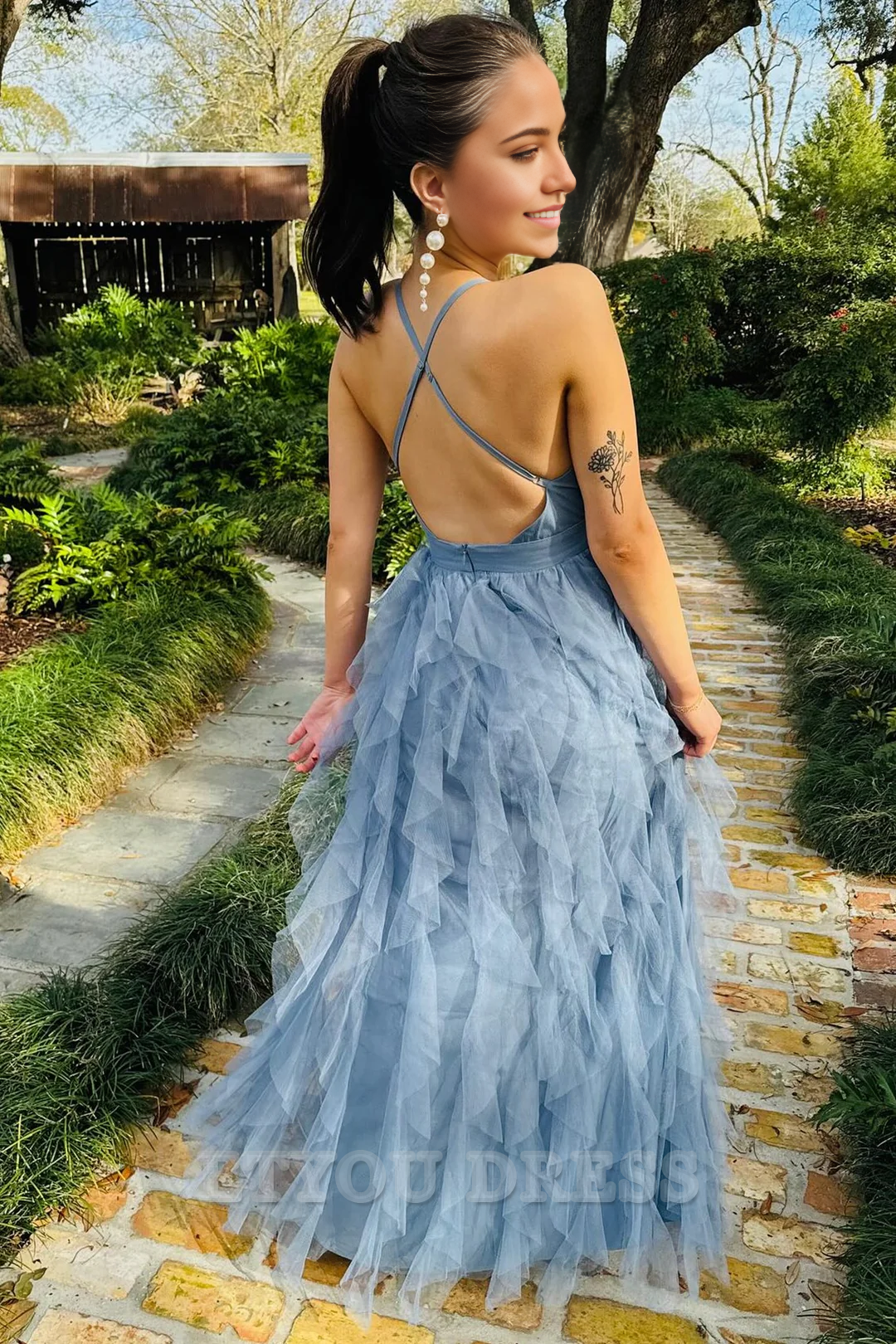 A-line Deep V Cross-Back Plunge V Ruffle formal dresses evening gown Prom Dress